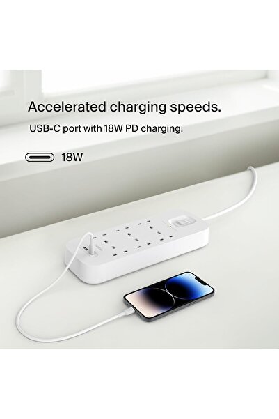 Belkin 6-Outlet Surge Protector, Wall-Mountable, 2M Cord, USB-C/USB-A Ports, 650 Joules, Fast Charging