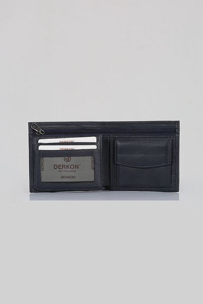 DERKON Navy Blue Genuine Leather Flat Wallet - Zipper Detailed