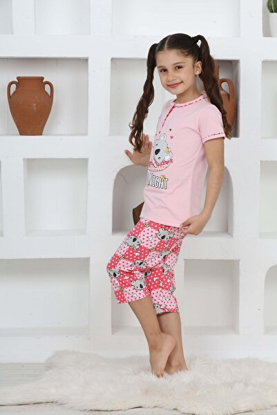 KAPİKİDS Пижамен комплект за момичета в цвят тухла - къс ръкав, копчета Капри...