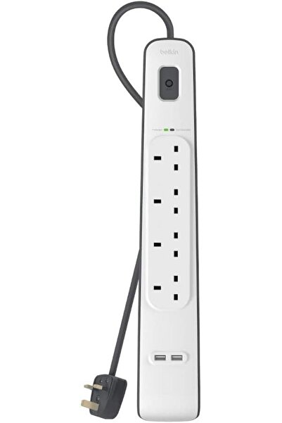 Belkin 4 Plug Surge Protector with 2M Cord, 2x2.4A USB Ports - Heavy Duty Extension Socket, White
