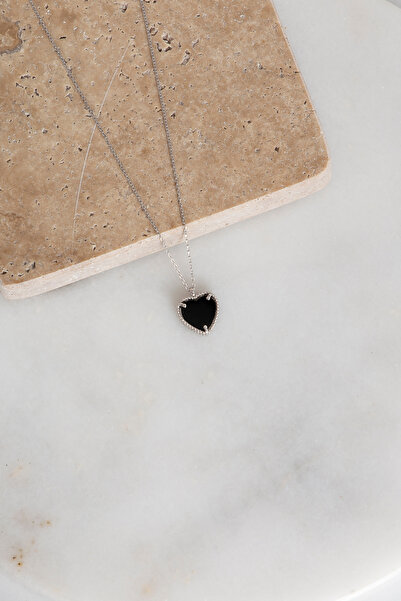 klas gümüş GÜMÜŞ KALPLİ AŞK KOLYE SİYAH TAŞLI RODAJ