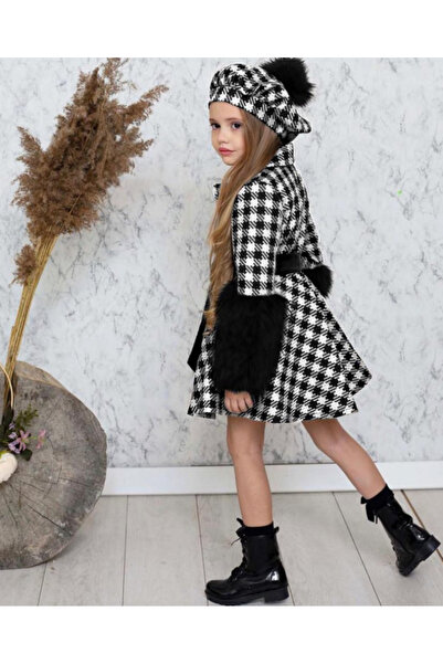 ugurbocegicocukdunyası Ροζ καρό παλτό για κορίτσια - με δερμάτινη φούστα και βελούδινα μανίκια