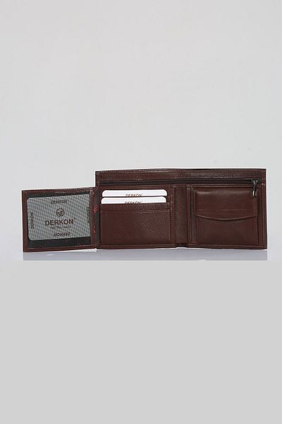 DERKON Flat Genuine Leather Brown Men's Wallet with Zipper Detail
