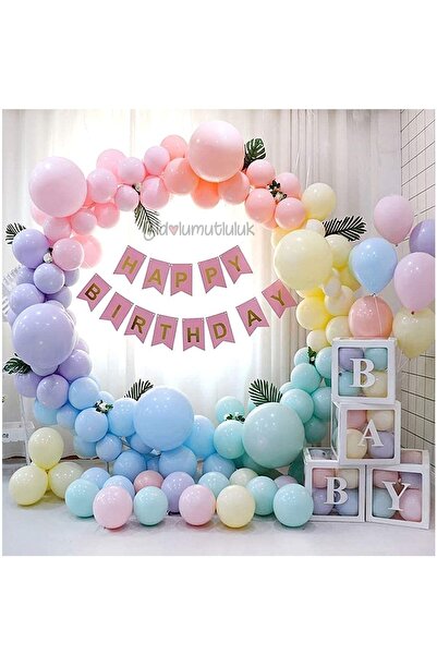 BİDOLUMUTLULUK Baby Yazılı Balon Kutusu Seti Makaron Karışık Renk Doğum Günü ...