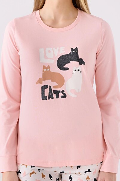 Arnetta %100 Pamuk Kedi Resimli Anne Kız Pijama Takım, (ayrı ayrı fiyatlandırılır)
