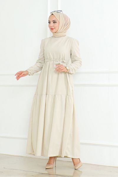 Bestenur Ολόσωμο φόρεμα Hijab με φύλλα και στρώσεις Akel 281 - Stone