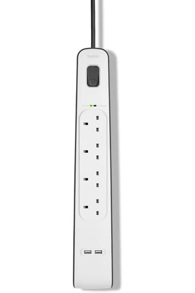 Belkin 4-Way Surge Protection Strip, 2m Cord, Heavy Duty Extension Socket with 2 x 2.4A Shared USB Ports