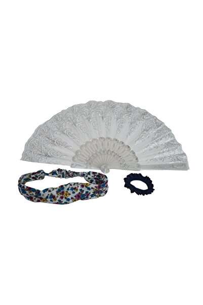 YELPAZE DÜNYASI Yelpaze Simli Beyaz & Toka & Bandana Seti