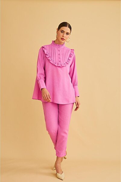 Basicpark Jade Ornamental Stitched and Buttoned Ruffle Collar Linen Pink Tunic Trousers Set