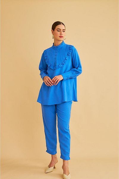 Basicpark Set de pantaloni cu tunică albastră din in, cu cusături ornamentale și cu nasturi, cu volan