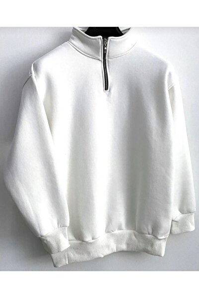 NİCE Unisex Χειμερινό Φούτερ - Λευκό, Σταντ γιακά, Μισό Φερμουάρ, Fleece