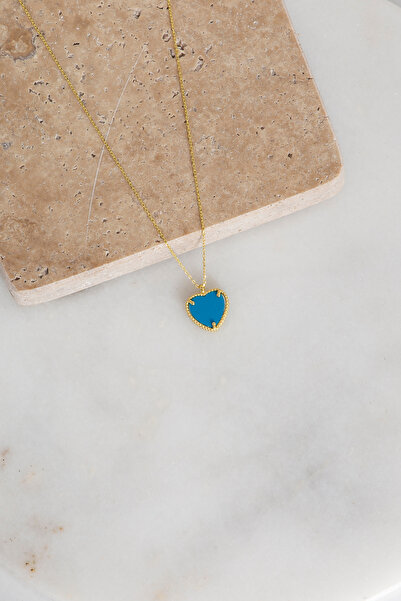 klas gümüş GÜMÜŞ KALPLİ AŞK KOLYE TURKUAZ TAŞLI GOLD