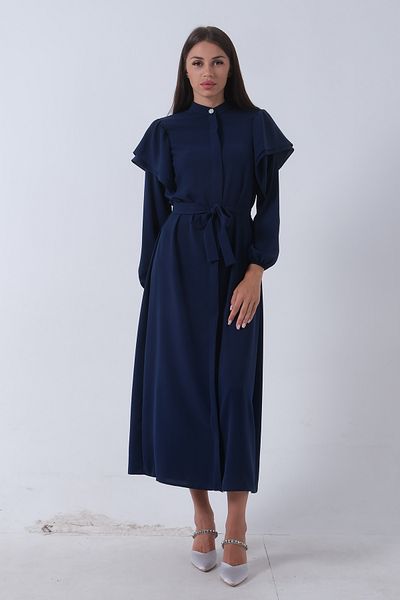 Feminist Navy Blue Hijab Dress - Hidden Button and Sash 46344