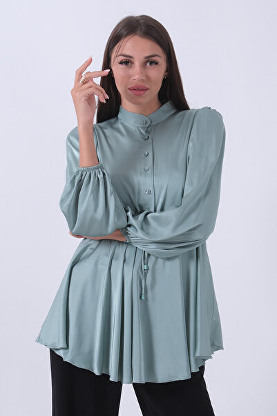 Feminist Kolu Lastikli Belden Bağlamalı Saten Tunik Mint 44510418