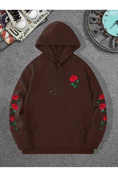 NoVibe Hanorac cu glugă cu imprimeu cu trandafiri de iarnă supradimensionat u...