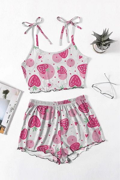 PEMBİŞ HOMEWEAR Angelina Ribbed Strawberry Heart Shorts Set