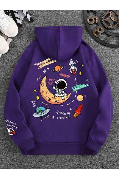 Black Sokak Men's Purple Oversize Sweatshirt - Hooded and Printed