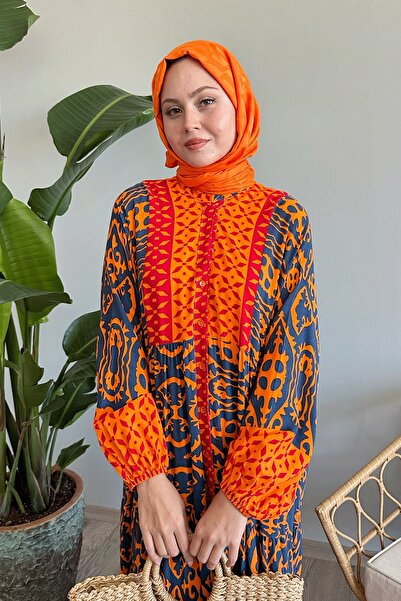 InStyle Balloon Sleeve Patterned Viscose Dress - Orange