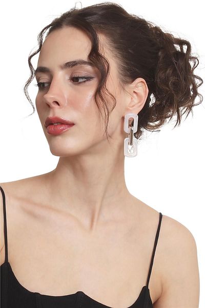 LABALABA Women's Thick Chain Form White & Silver Color Studded Model Acrylic Design Earrings