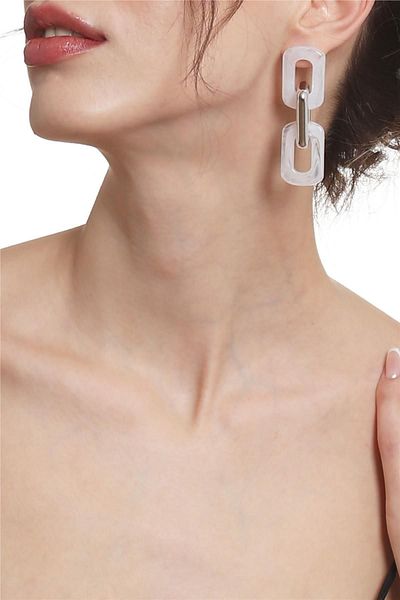 LABALABA Women's Thick Chain Form White & Silver Color Studded Model Acrylic Design Earrings