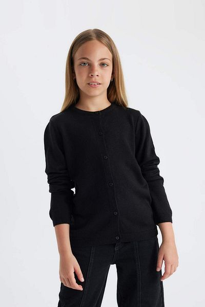 DeFacto Black Knitwear Girl's School Cardigan - Crew Neck