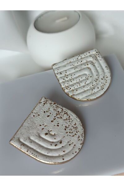 La fee aksesuar çelik küpe çivi - gold detay beyaz polimer kil küpe el yapımı