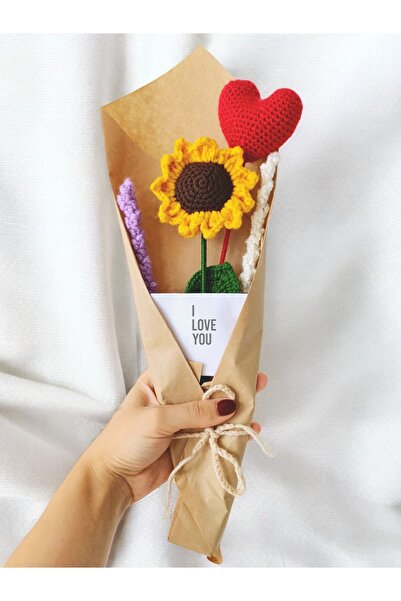PERFECT Solmayan Çiçek Buketi Örgü Ayçiçeği Kalp Özel Notlu Hediyelik