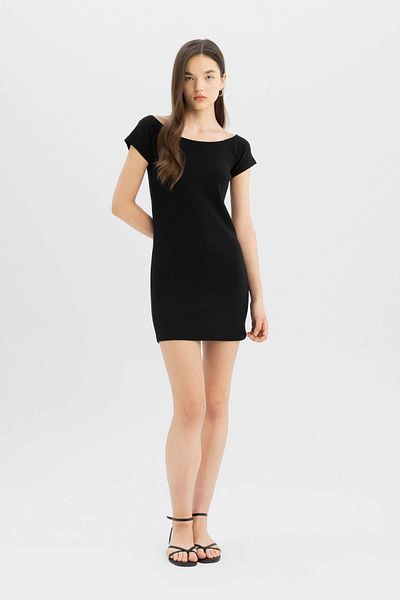 DeFacto Μίνι φόρεμα με κοντό μανίκι καμίζι Bodycon λαιμόκοψη με ραβδώσεις A7362ax23sm