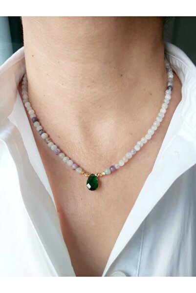 DEVİ fashion قطرة الماء الخضراء فلوريت الحجر الطبيعي - قلادة كريستال