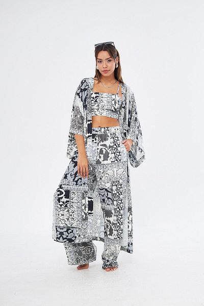 The Champ Clothing Black Patterned Colored Kimono - 3 Piece Bustier Suit (MEDINA SILK)
