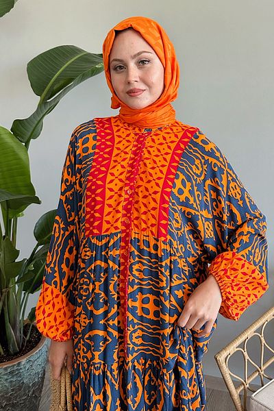 InStyle Balloon Sleeve Patterned Viscose Dress - Orange
