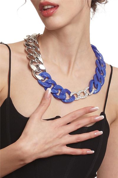 LABALABA Women's Thick Chain Form Midnight Blue & Silver Color Acrylic Design Necklace