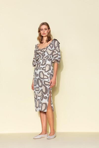 KAMEYA BALON KOL DESENLİ MİDİ ELBİSE 24S40457