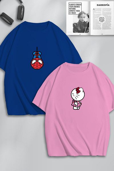 Pisa Art Hello Kitty Spiderman με μοτίβο Unisex Oversize T-Shirt Couple Combination - Lover Design Σετ 2 τεμαχίων