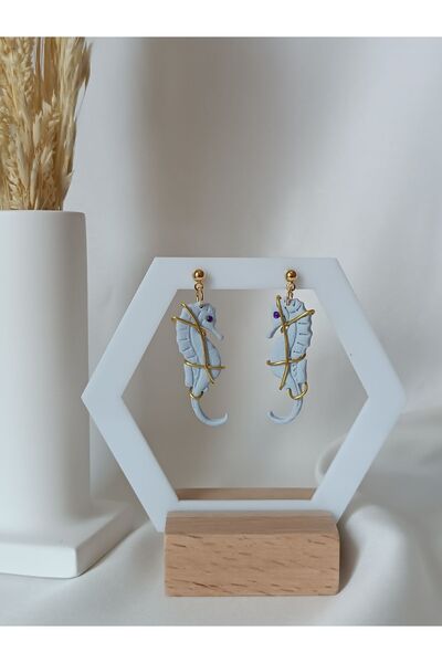 La fee aksesuar Deniz Atı Özel Tasarım El Yapımı Polimer Kil Küpe 5 Cm