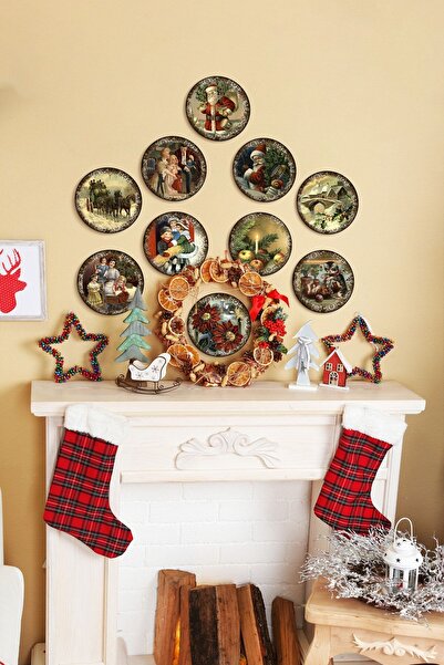 ÖZCANLAR ÇERÇEVE Yeni Yıl Seti Çerçevesiz Yuvarlak Kesim 10 Parça Yılbaşı Seti Mdf Tablo Seti Mdf Baskı 12x12 Noel