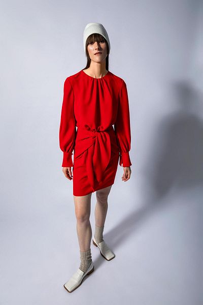 KAMEYA Red Mini Dress with Front Tie Back Button Closure