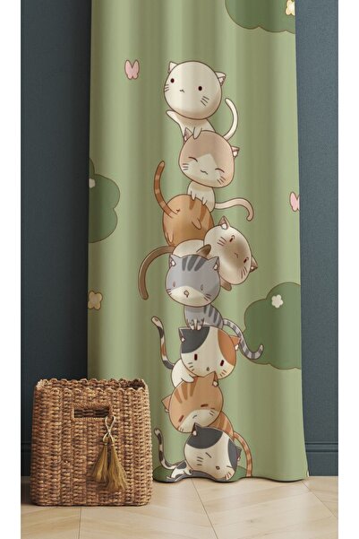 ALAMODECOR Yeşil Üst Üste Binmiş Kedi Desenli Çocuk Odası & Bebek Odası Fon P...
