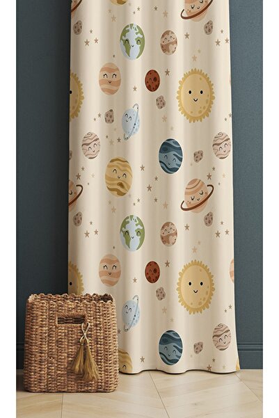 ALAMODECOR Krem Güneş Uzay Gezegen Desenli Çocuk Odası & Bebek Odası Fon Perd...
