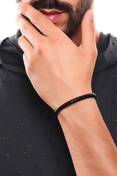 LABALABA Men's Black Color Braided Leather Bracelet