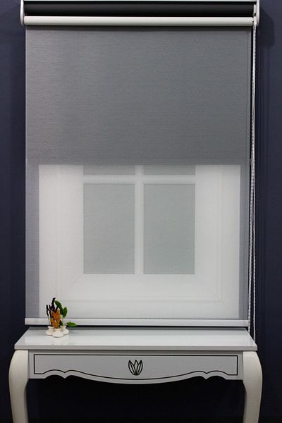 AlpiNaz Double Mechanism Striped Tulle & Matte Gray Roller Blinds with 90 % Light Cutting Feature