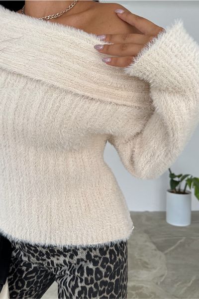 FEMELLE Beigefarbener Damen-Strickpullover – Madonna-Kragen, bärtig, Standardgröße