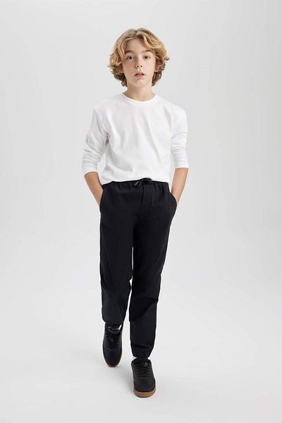 DeFacto Tricou alb pentru școală, din bumbac pieptănat, cu mânecă lungă, cu gâtul rotund