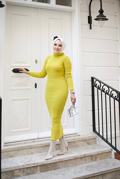 HİRA LİFE FASHİON Kadın Elbise Tesettür Giyim Balıkçı Yaka ve Dar Kesim Triko Kalem Elbise