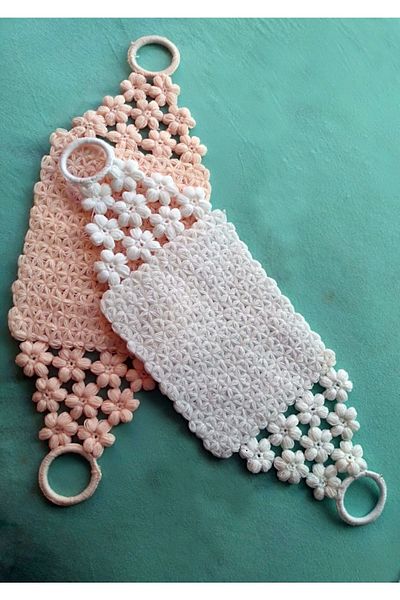TülaysHandCraft Hand Knitted Ringed Floral Puppy and White Long Bath Loofah Set