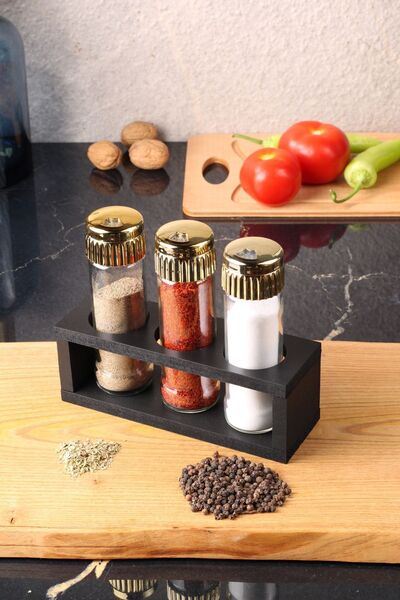 AzzaWood طقم موزع ملح وفلفل زجاجي من إليجانس، 3 قطع - لون ذهبي، غطاء مسطح