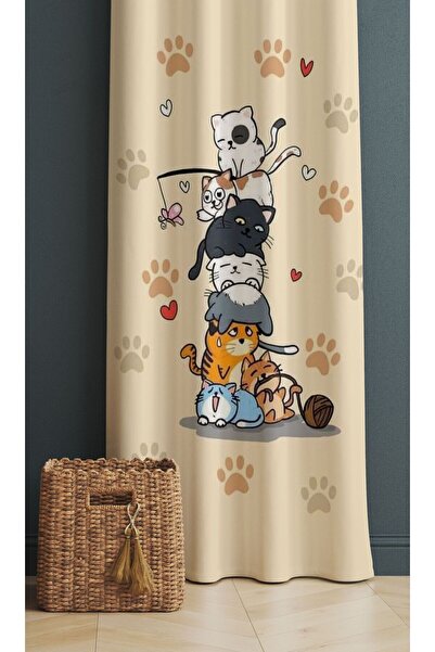 ALAMODECOR Sarı Üst Üste Oturan Kedi Desenli Çocuk Odası & Bebek Odası Fon Pe...