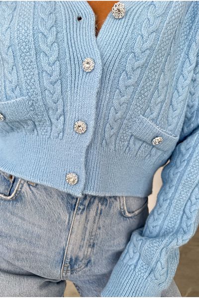 FEMELLE Cardigan de tricotaj crop albastru - buzunar dublu și detaliu cu nasturi
