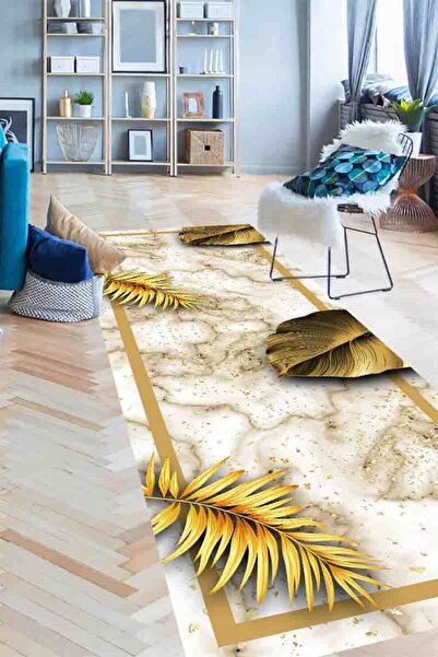 Vertigo Gold Colored and Leaf Patterned Flower Patterned Way - Long Carpet, Non-Slip and Washable