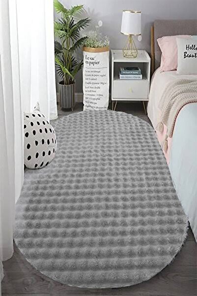 Vila Nova Home Gri Oval Peluş Kabartma Kaymaz Taban Dot Yıkanabilir Salon Kor...